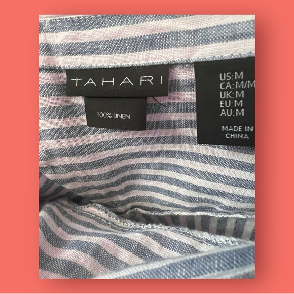 TAHARI Blue And WhiteStriped Top,  Loose Fit, 100% Linen, Size Medium. - Picture 6 of 7